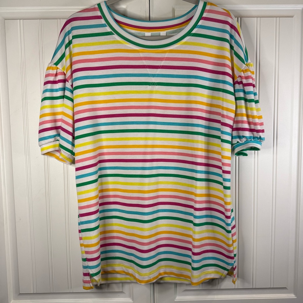 Crown & Ivy Women’s Rainbow Stripe Puff Sleeve Top – Size M